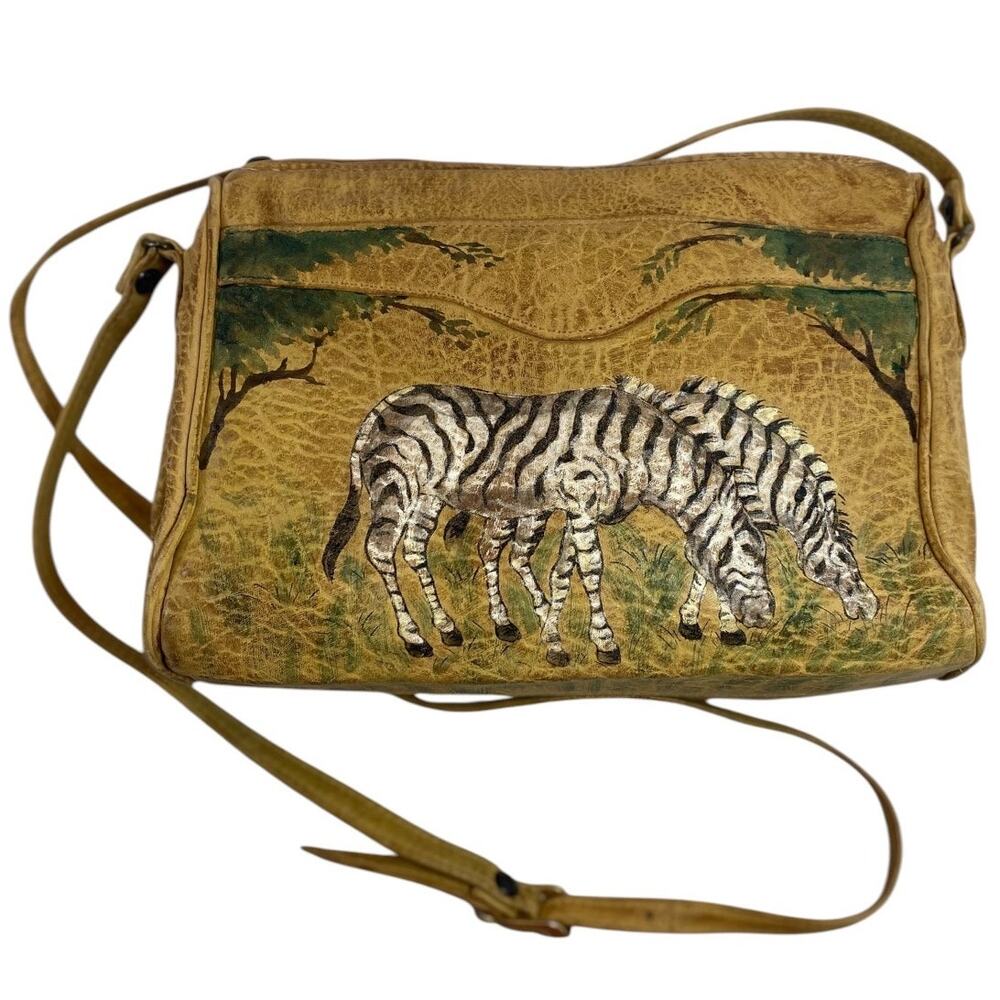 Vintage Emily Ann Boca Raton Hand-Painted Zebra Leather Crossbody Bag Boho Art